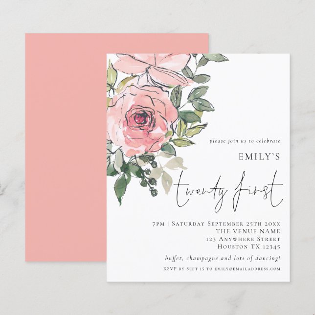 Lámina Invitación de 21º cumpleaños a Rubor Florals de pr (Anverso / Reverso)