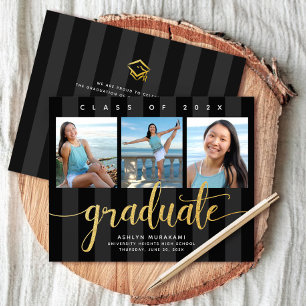 Lámina Invitación de 3 fotos negro dorado para graduación