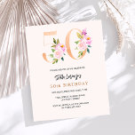 Lámina Invitación de 50 cumpleaños floral de melocotón ro<br><div class="desc">Una invitación moderna, elegante y glamurosa para una fiesta de cumpleaños número 50. Un fondo color melocotón. Decorado con números forales en falso oro y rosa. El nombre está escrito con una escritura de estilo con letras a mano moderna. Personalice y agregue los detalles de su fiesta. 1 hoja =...</div>