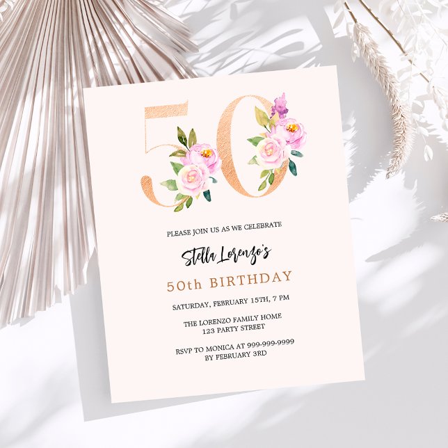 Lámina Invitación de 50 cumpleaños floral de melocotón ro (Subido por el creador)