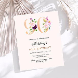 Lámina Invitación de 90 cumpleaños floral de melocotón ro