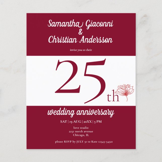 Lámina Invitación de aniversario de bodas de 25 años con  (Anverso)