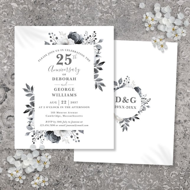 Lámina Invitación de aniversario de bodas de 25 años con  (Budget Floral 25th Wedding Anniversary Invitation)