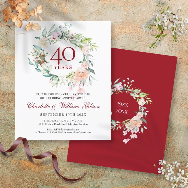 Lámina Invitación de aniversario de bodas de rubí floral  (Budget 40th Anniversary Ruby Floral Invitation)