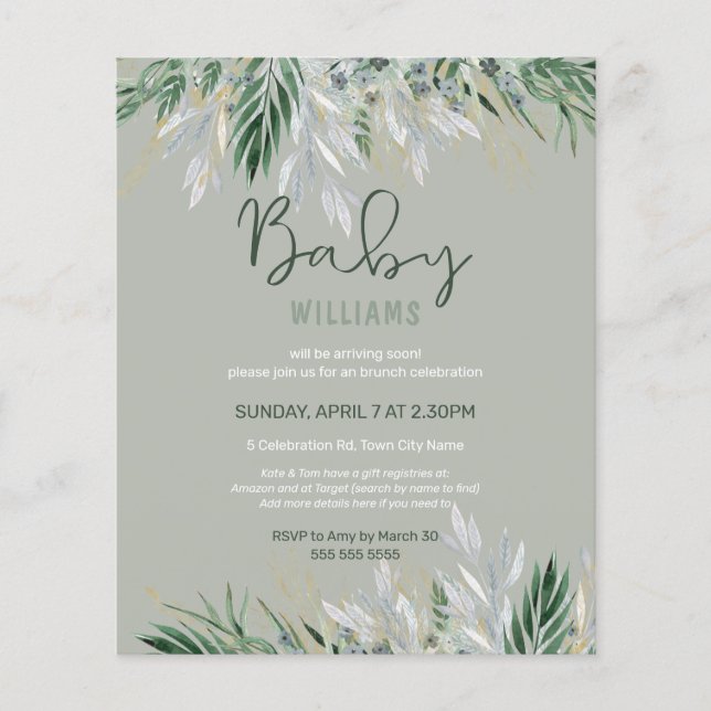 Lámina Invitación de Baby Shower a Budget Sage Green Leav (Anverso)