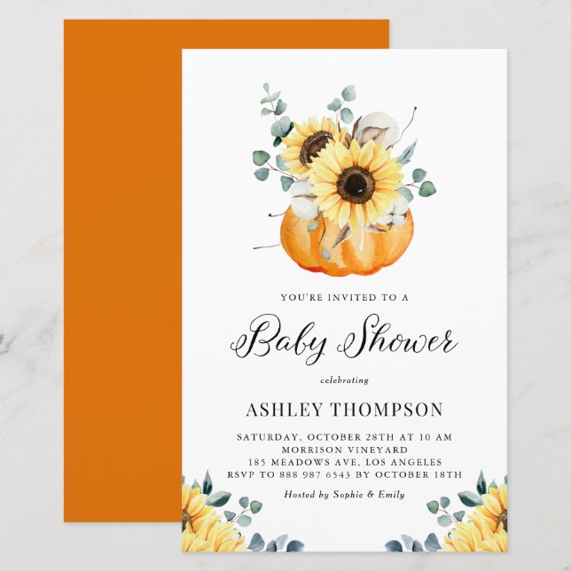 Lámina Invitación de Baby Shower a la flor de calabaza ru (Anverso / Reverso)
