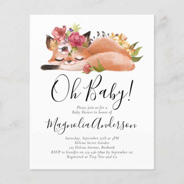 Lámina Invitación de Baby Shower a la Fox Cute de PRESUPU (Anverso)