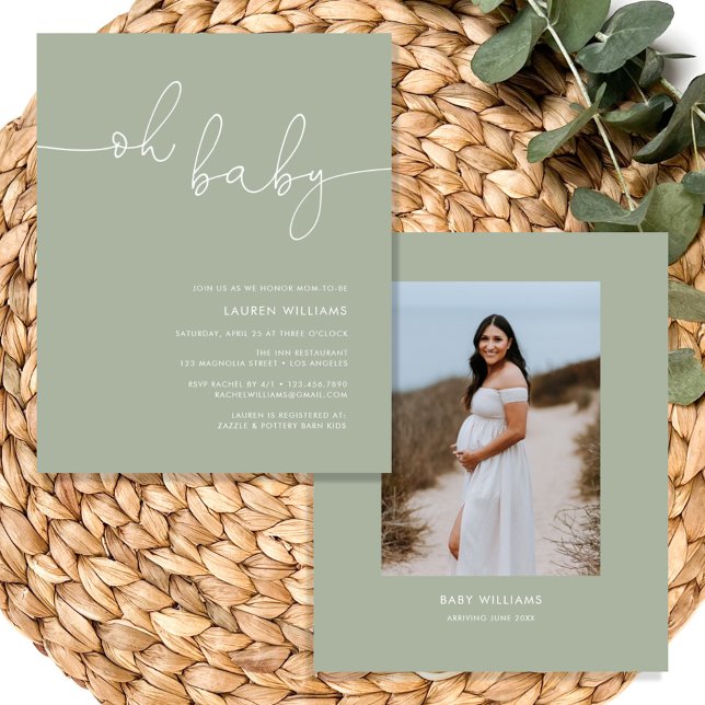 Lámina Invitación de Baby Shower a la versión moderna de  (Boho Oh Baby Sage Green Photo Baby Shower Invitation)