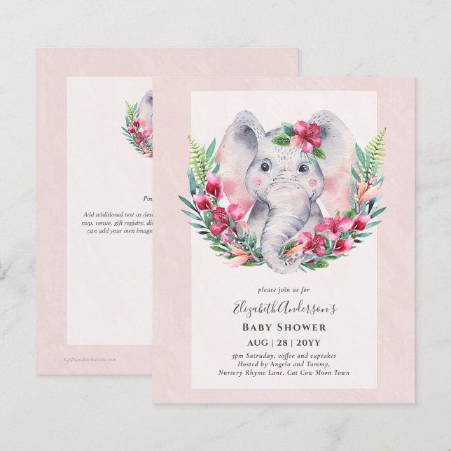 Lámina Invitación de Baby Shower a los Elefantes Florales (Anverso / Reverso)