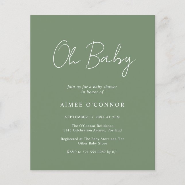 Lámina Invitación de Baby Shower a un presupuesto verde m (Anverso)