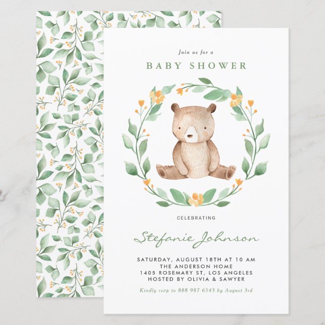 Lámina Invitación de Baby Shower a Watercolor Bear Green (Anverso / Reverso)