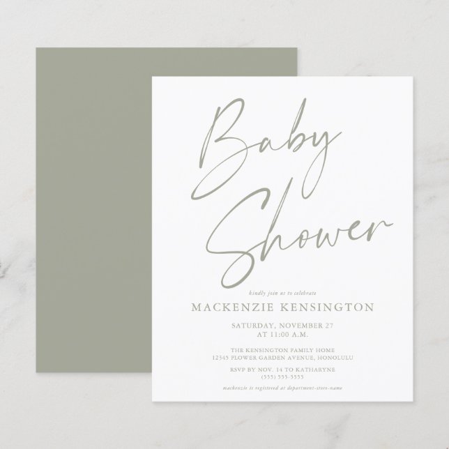 Lámina Invitación de Baby Shower al guión verde de oliva  (Anverso / Reverso)