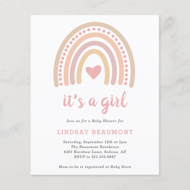 Lámina Invitación de Baby Shower al presupuesto arcoiris  (Anverso)