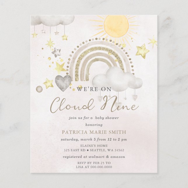 Lámina Invitación de baby shower boho Budget Cloud Nine (Anverso)