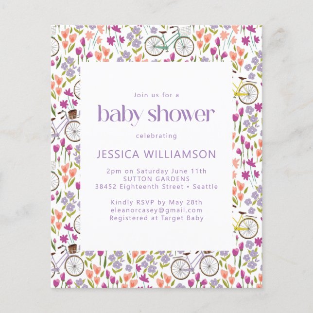 Lámina Invitación de Baby Shower Boho en Bicicleta Floral (Anverso)