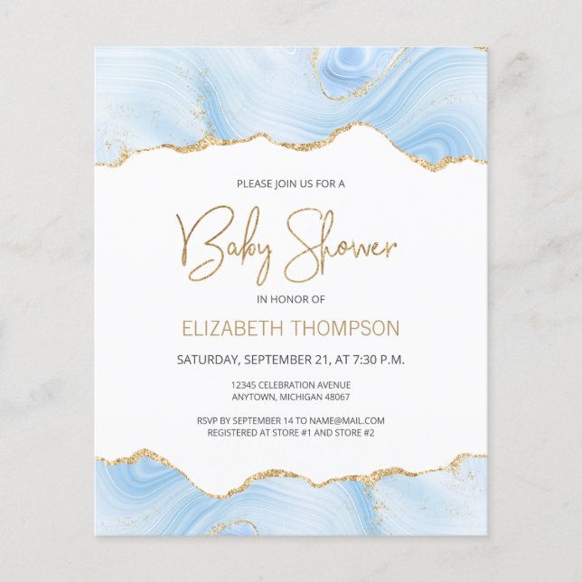 Lámina Invitación de Baby Shower Budget Blue Gold Agate B (Anverso)
