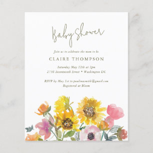 Lámina Invitación de Baby Shower con Acuarela de Girasol