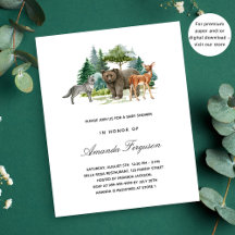 Invitación de baby shower con animales del bosque 