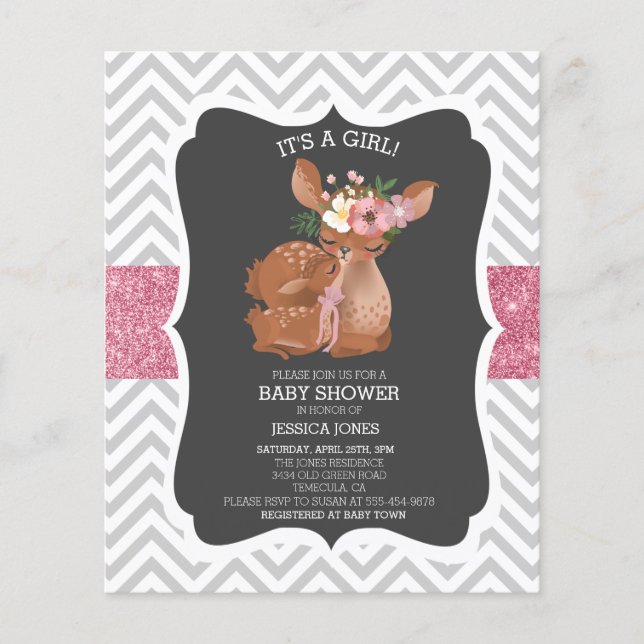 Lámina Invitación de Baby Shower con Brillo de Ciervo Ros (Anverso)