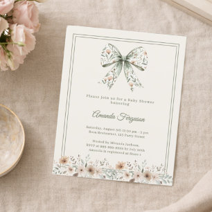 Lámina Invitación de Baby Shower con flores en lazo verde