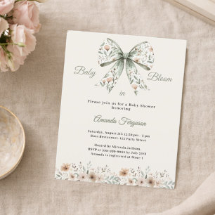 Lámina invitación de baby shower con lazo verde floral