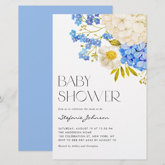 Lámina Invitación de Baby Shower de Blue and White Hydran (Anverso / Reverso)