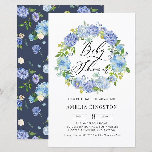 Lámina Invitación de Baby Shower de Blue Hydrangea Wreath (Anverso / Reverso)