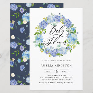 Lámina Invitación de Baby Shower de Blue Hydrangea Wreath