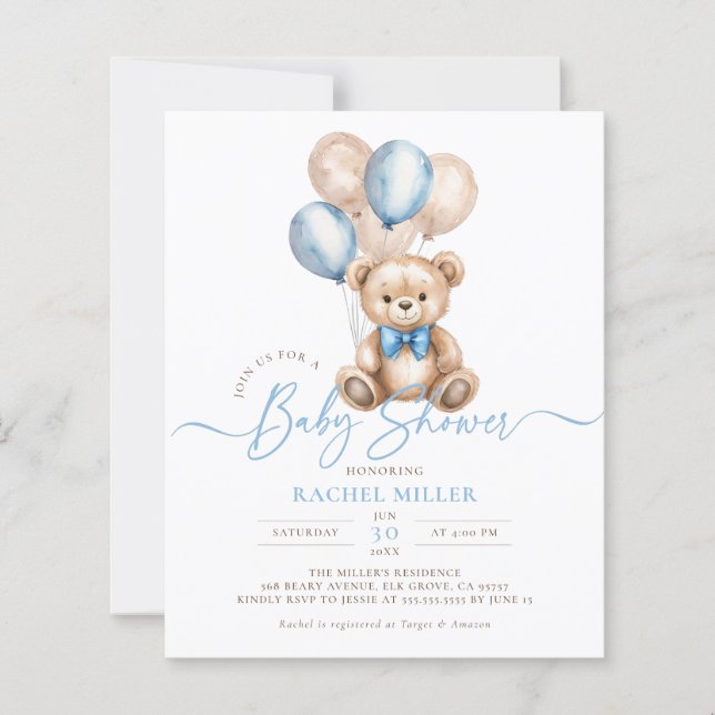 Lámina Invitación de Baby Shower de Budget Bear Balloons  (Anverso)