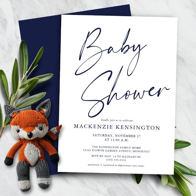 Lámina Invitación de Baby Shower de Budget Navy Blue Scri (Budget Navy Blue Script Boy Baby Shower Invitation)