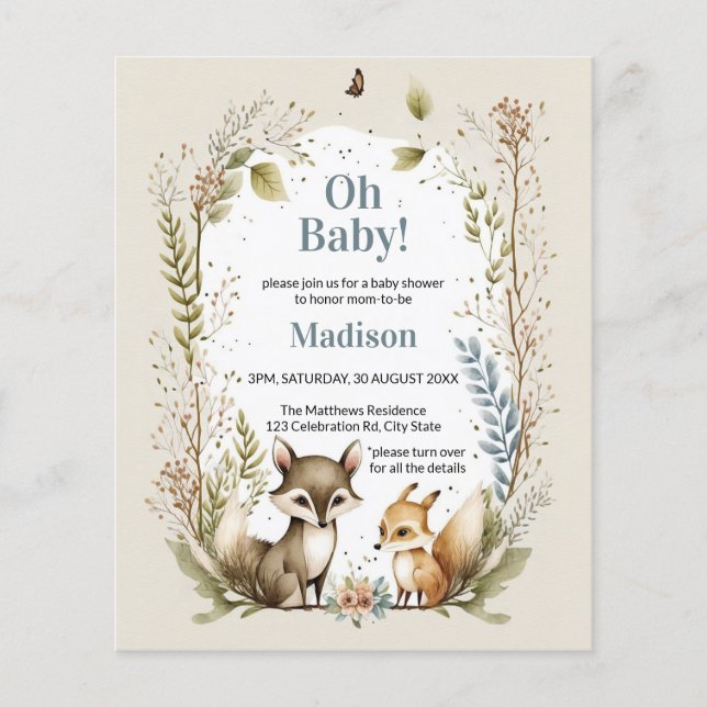 Lámina Invitación de Baby Shower de Budget Woodland Anima (Anverso)