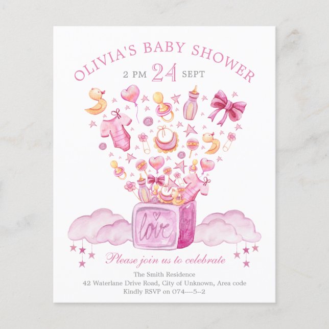 Lámina Invitación de Baby Shower de caja sorpresa rosa (Anverso)
