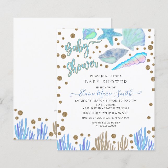 Lámina invitación de Baby Shower de conchas de playa azul (Anverso / Reverso)