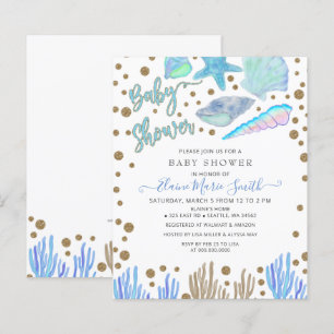 Lámina invitación de Baby Shower de conchas de playa azul