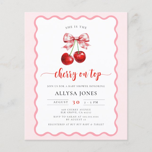 Lámina Invitación de Baby Shower de Coquette Cherry Presu (Anverso)