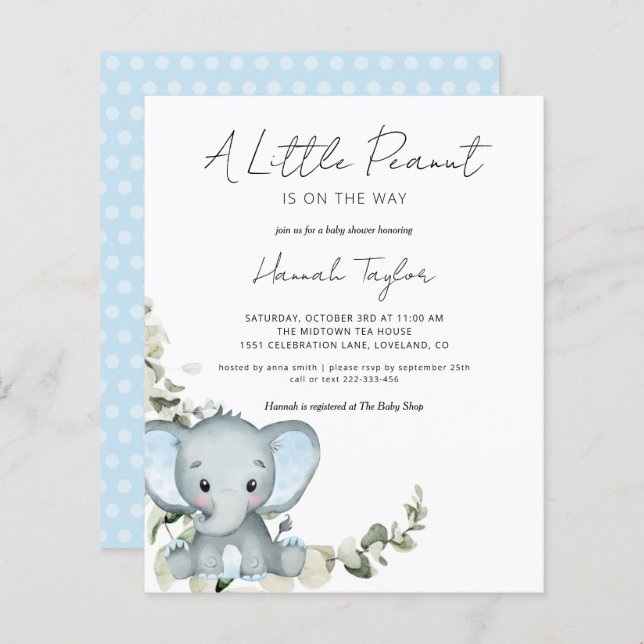 Lámina Invitación de Baby Shower de Elefante Niño Presupu (Anverso / Reverso)