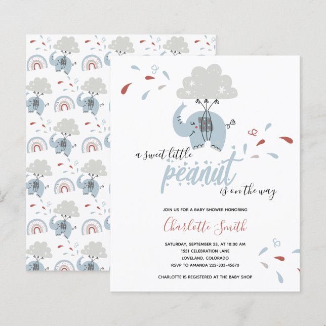 Lámina Invitación de Baby Shower de Elephant Blue Boy (Anverso / Reverso)