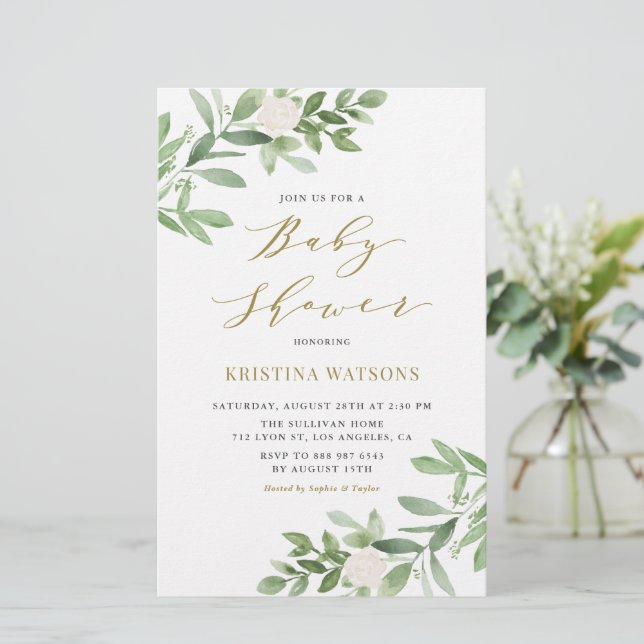 Lámina Invitación de Baby Shower de Flores Blancas y Verd (Anverso de pie)