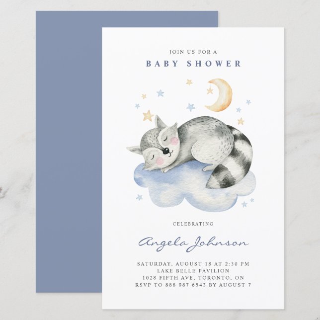 Lámina Invitación de baby shower de mapache durmiendo con (Anverso / Reverso)