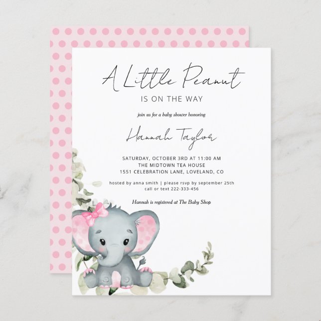 Lámina Invitación de Baby Shower de Niña Elefante Presupu (Anverso / Reverso)