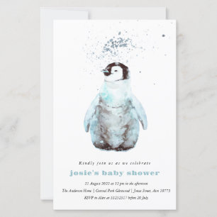 Lámina Invitación de Baby Shower de Pingüino de Acuarela 