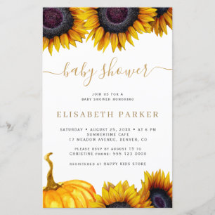 Lámina Invitación de baby shower dorada de girasoles econ
