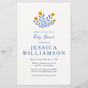 Lámina Invitación de Baby Shower Flores Azules y Amarilla