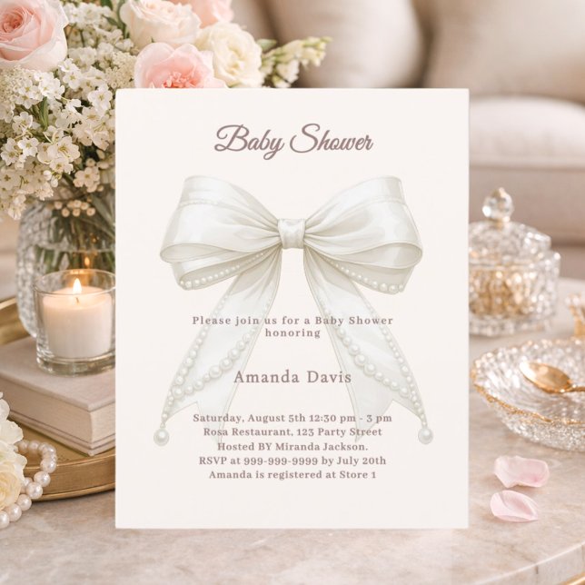 Lámina Invitación de Baby Shower neutra con perlas y lazo (Subido por el creador)