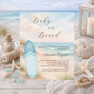 Lámina invitación de Baby Shower niño en la tabla de surf