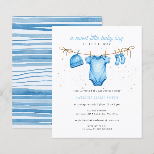 Lámina invitación de baby shower niño ropa de presupuesto (Anverso / Reverso)
