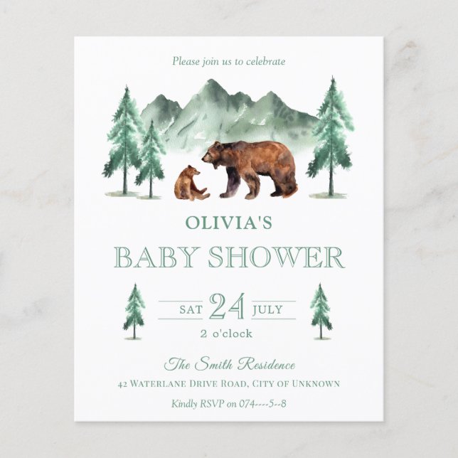 Lámina Invitación de Baby Shower para el oso verde neutro (Anverso)