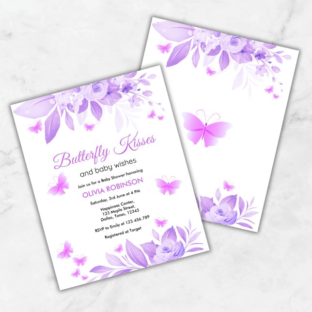Lámina Invitación de Baby Shower para la mariposa de pres (Budget Purple Butterfly Kisses & Baby Wishes Baby Shower Invitation )