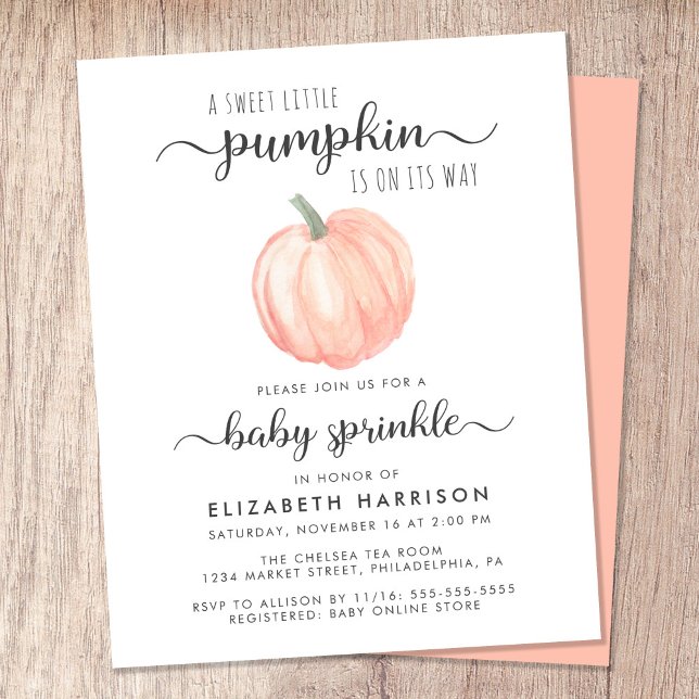Lámina Invitación de Baby Sprinkle de Acuarela Naranja Ca (Celebrate the upcoming arrival of your sweet little autumn baby with a pumpkin-themed baby sprinkle)