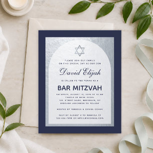 Lámina Invitación de Bar Mitzvah azul marino plateada eco